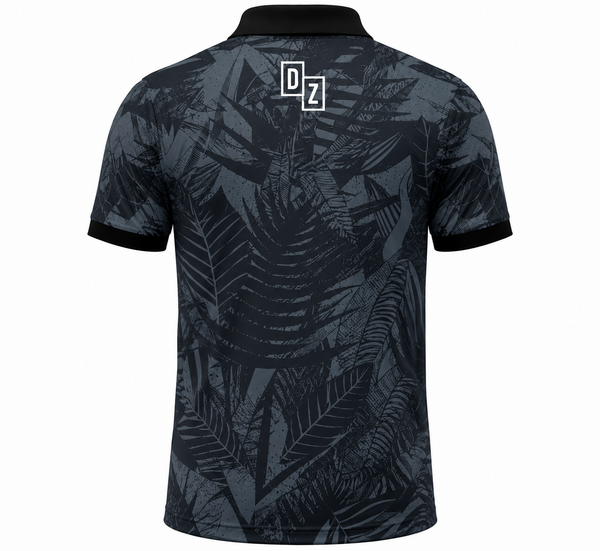 Back view of Drop Zone Black Forest Printed V-Neck Golf Shirt