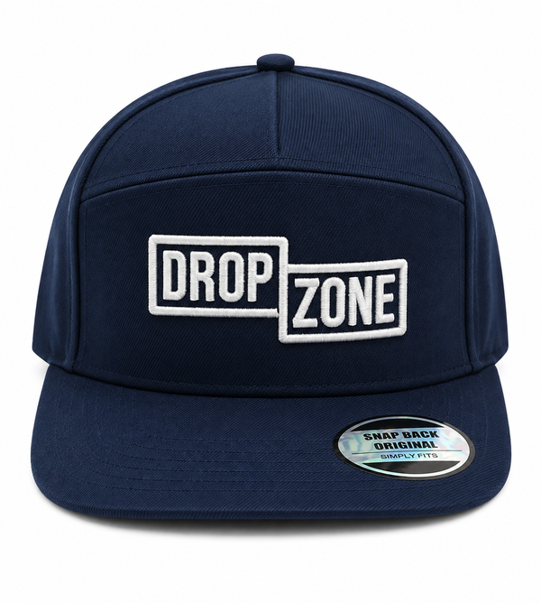 Front angled view of Drop Zone Flat-Peak Snapback Golf Cap in Navy Blue