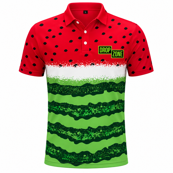 Front view of Drop Zone Wacky Watermelon Printed V-Neck Golf Shirt