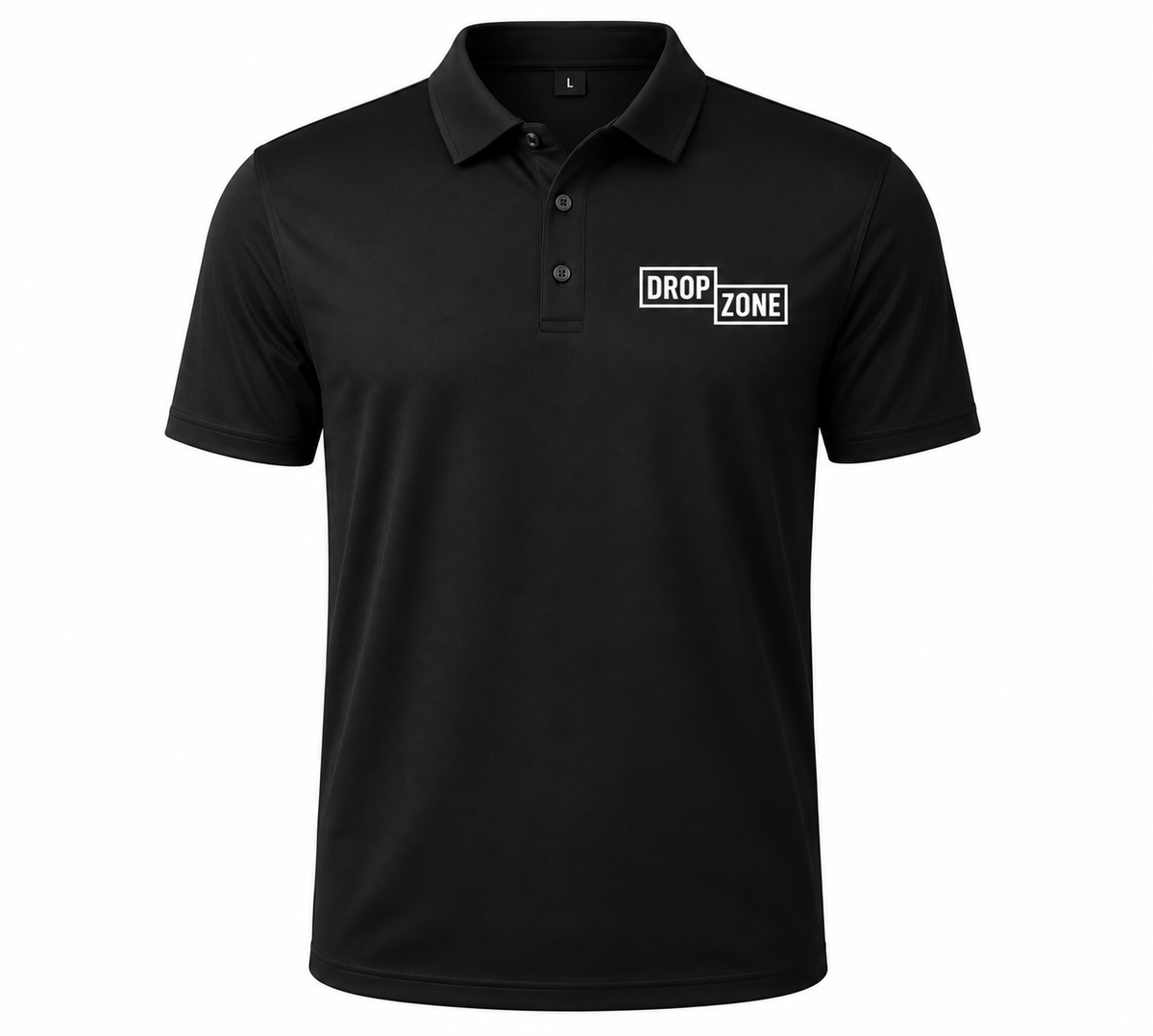 Front view of Drop Zone Regular-Fit V-Neck Golf Shirt in Black