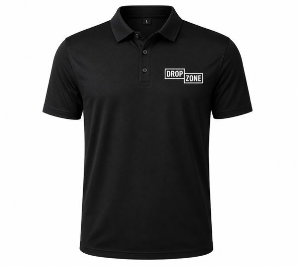 Front view of Drop Zone Regular-Fit V-Neck Golf Shirt in Black