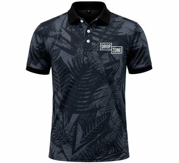 Front view of Drop Zone Black Forest Printed V-Neck Golf Shirt