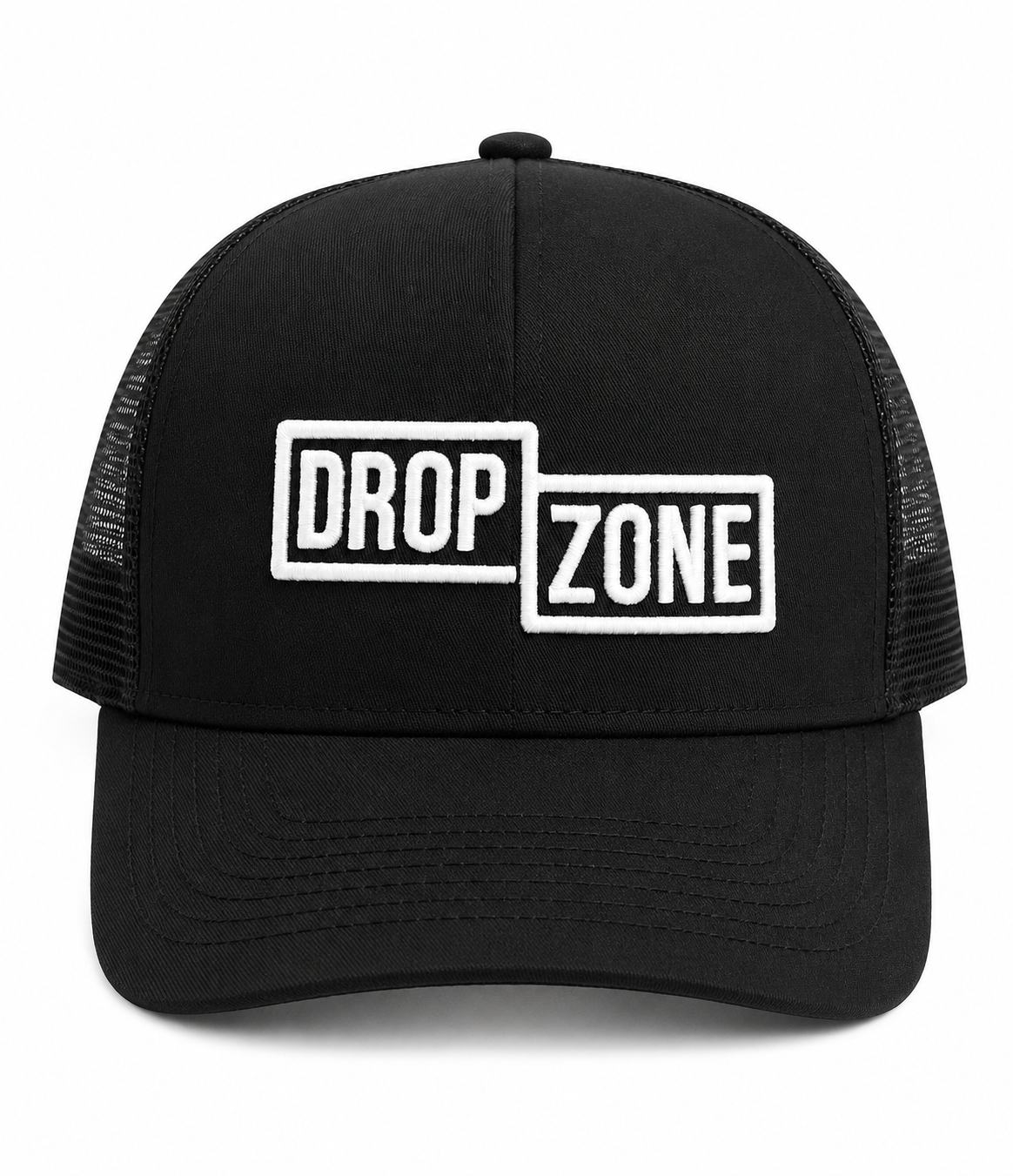 Front angled view of Drop Zone Mesh-Back Trucker Golf Cap in Black