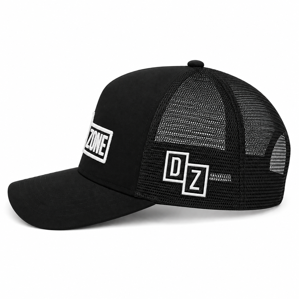Back view of Drop Zone Mesh-Back Trucker Golf Cap in Black, showing the adjustable closure