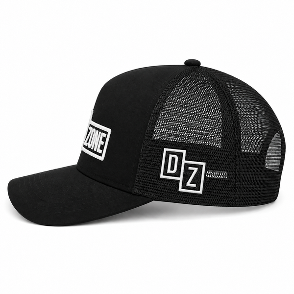 Back view of Drop Zone Mesh-Back Trucker Golf Cap in Black, showing the adjustable closure