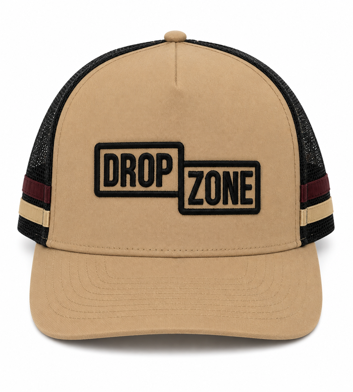 Front angled view of Drop Zone Side-Stripe Trucker Golf Cap in Tan & Black