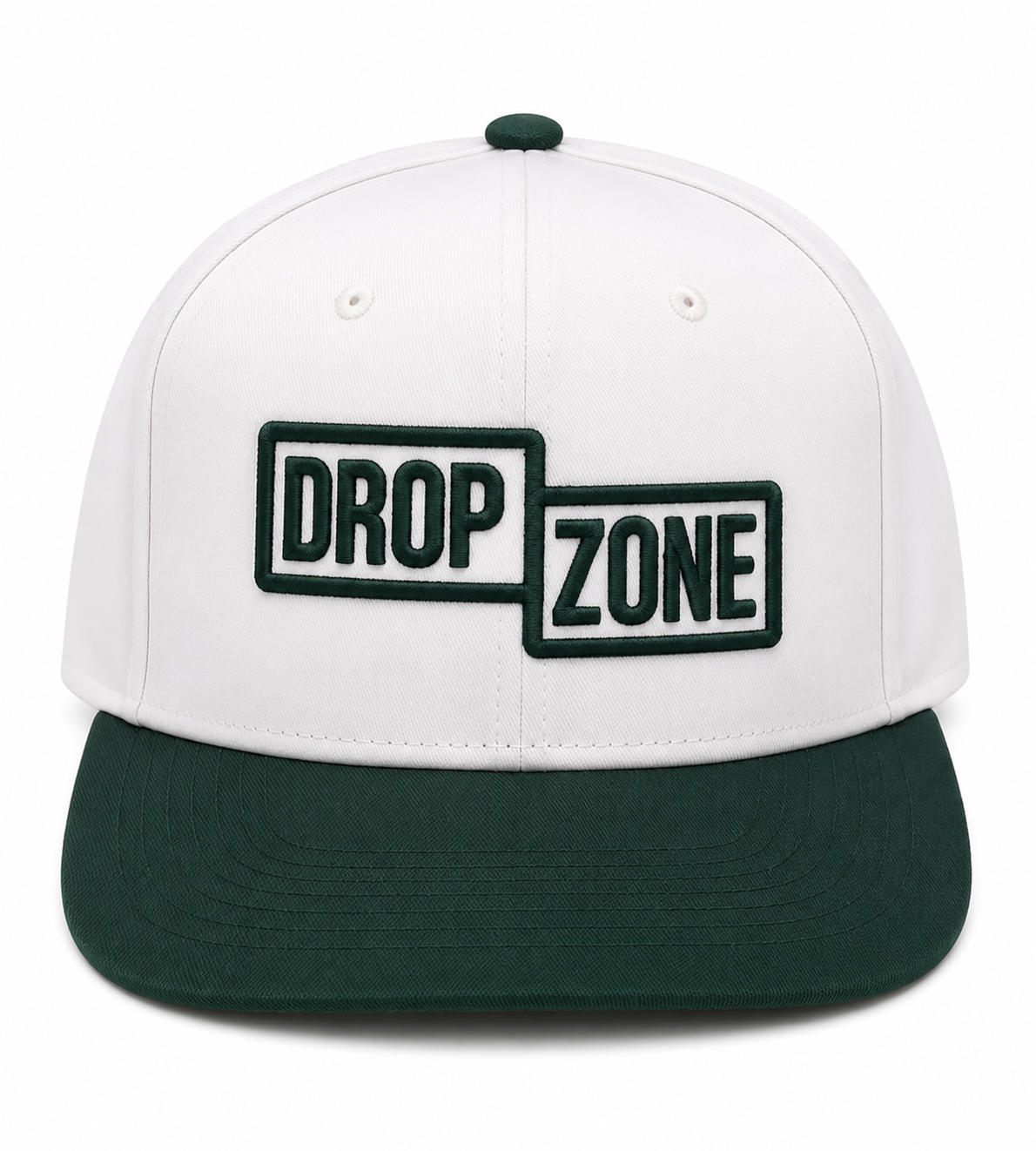 Front angled view of Drop Zone Two-Tone Buckle Golf Cap in White & Green