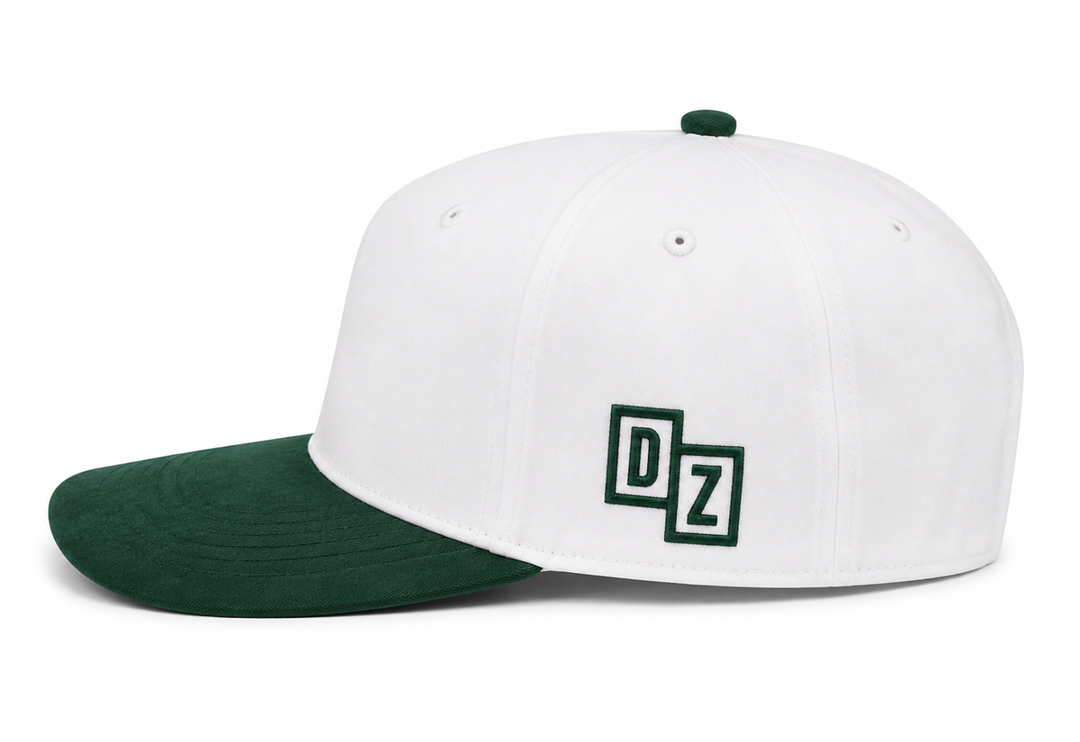 Back view of Drop Zone Two-Tone Buckle Golf Cap in White & Green, showing the adjustable closure