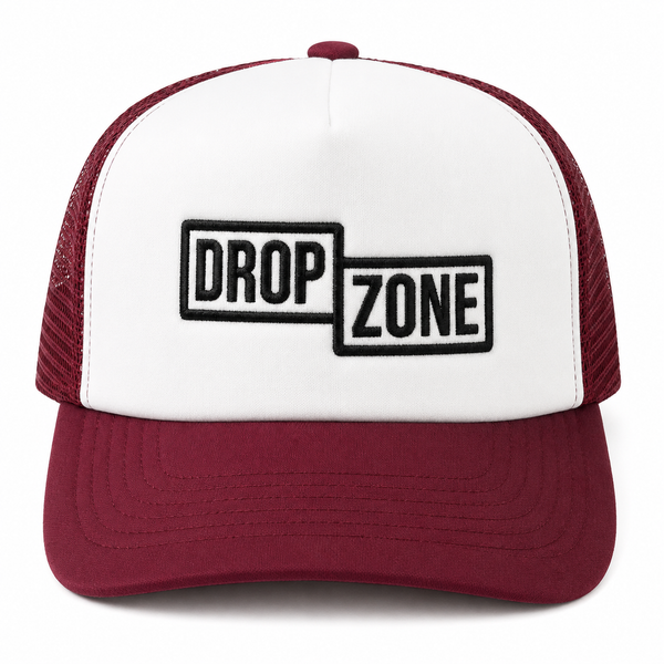 Front angled view of Drop Zone Mesh-Back Trucker Golf Cap in Maroon & White