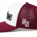 Back view of Drop Zone Mesh-Back Trucker Golf Cap in Maroon & White, showing the adjustable closure