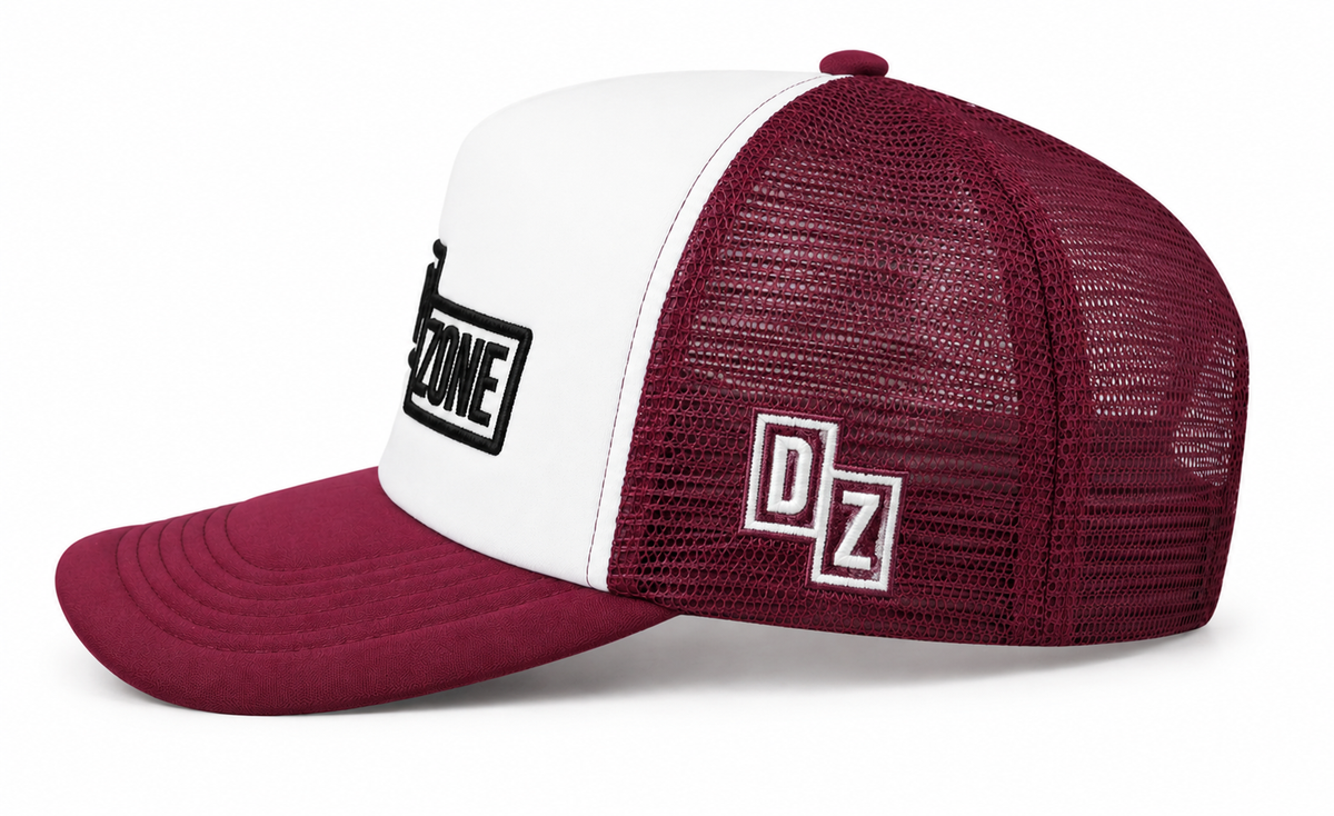 Back view of Drop Zone Mesh-Back Trucker Golf Cap in Maroon & White, showing the adjustable closure