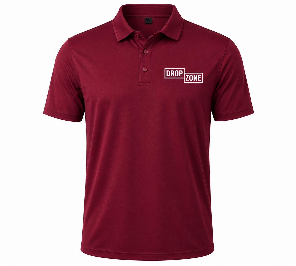 Front view of Drop Zone Regular-Fit V-Neck Golf Shirt in Maroon