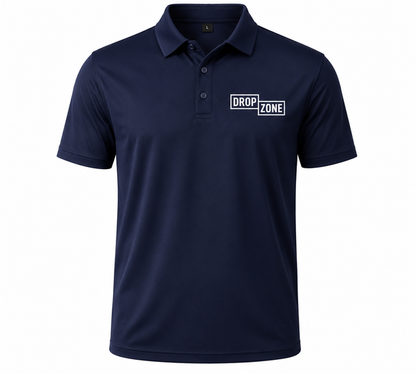 Front view of Drop Zone Regular-Fit V-Neck Golf Shirt in Navy Blue