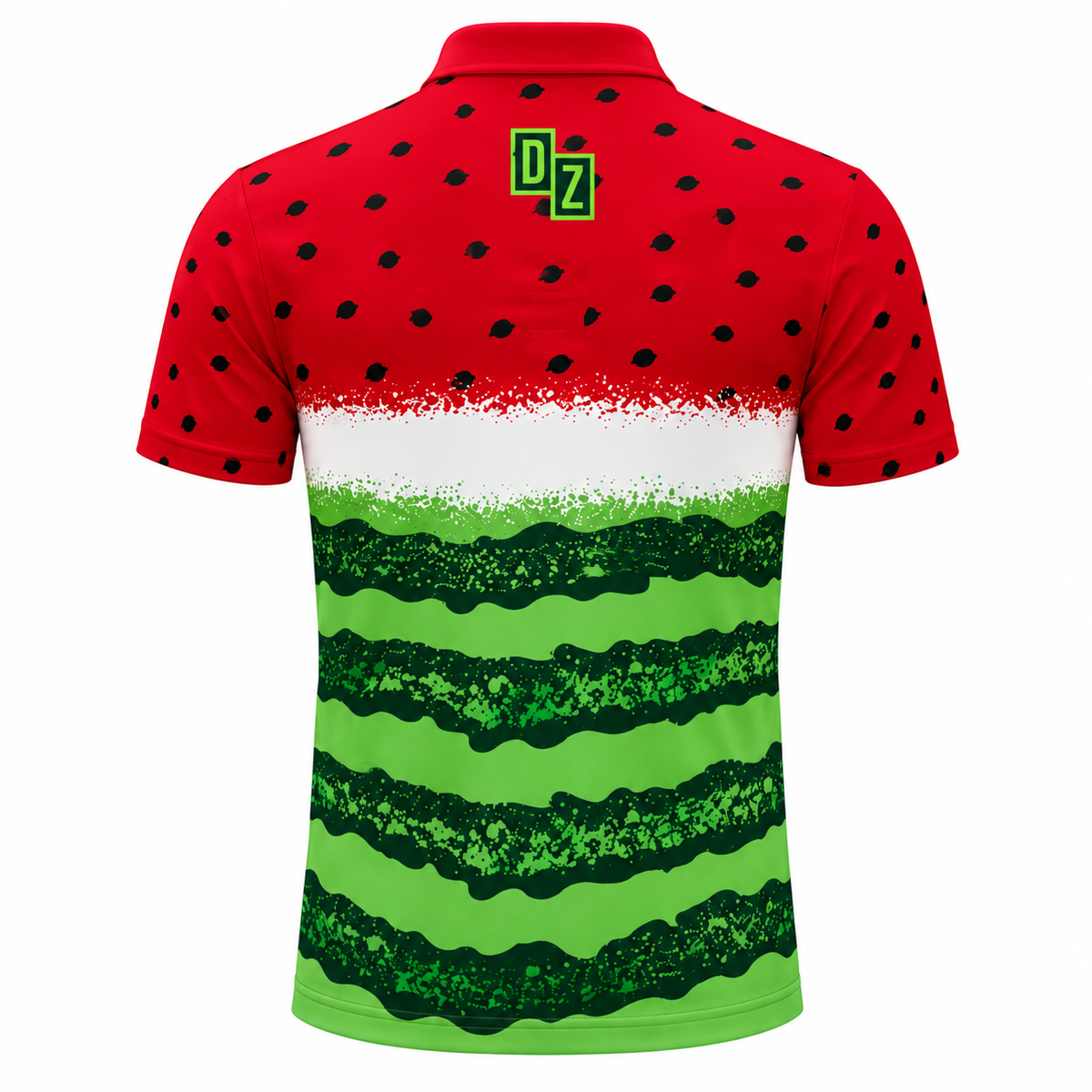 Back view of Drop Zone Wacky Watermelon Printed V-Neck Golf Shirt