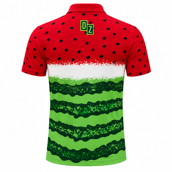 Back view of Drop Zone Wacky Watermelon Printed V-Neck Golf Shirt