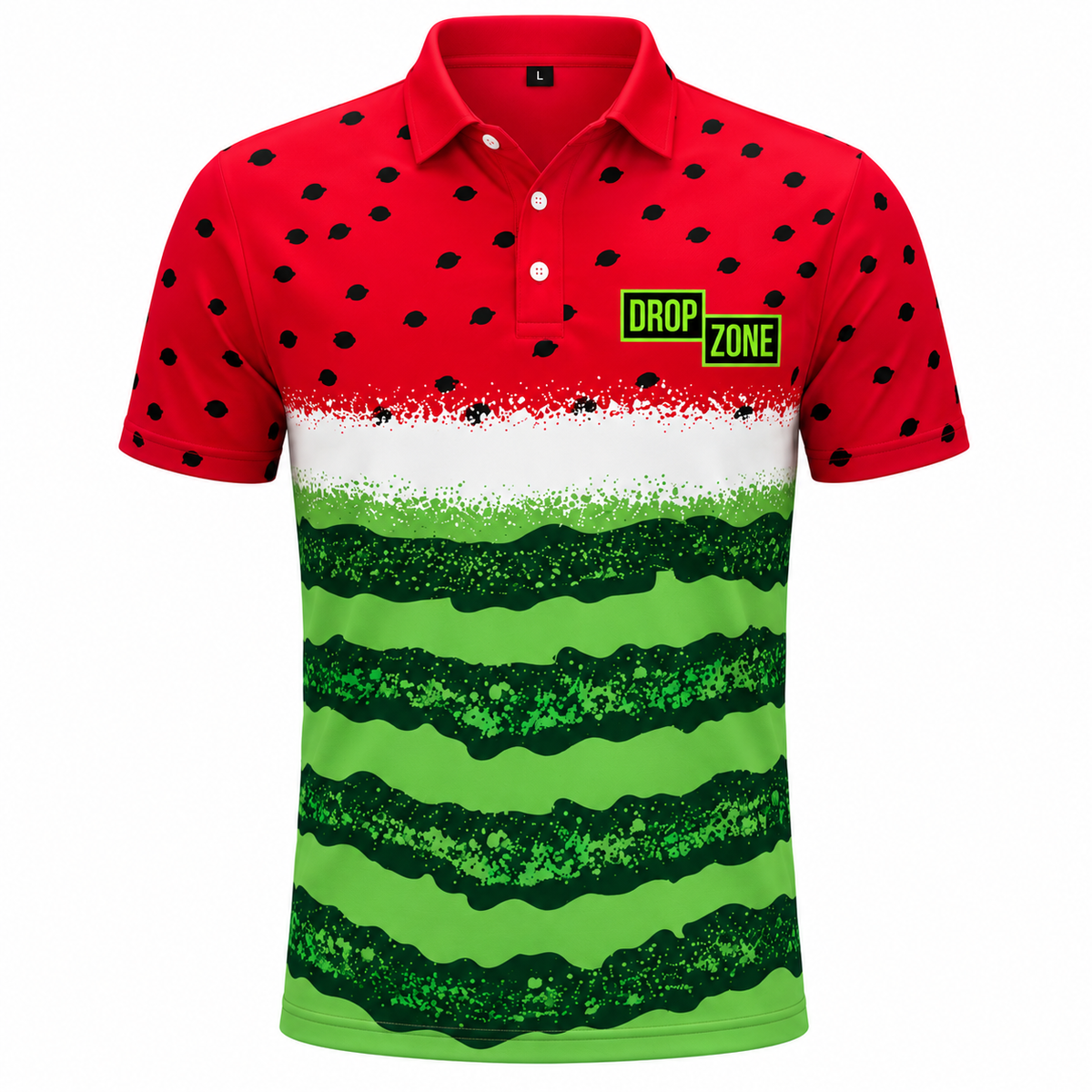 Front view of Drop Zone Wacky Watermelon Printed V-Neck Golf Shirt